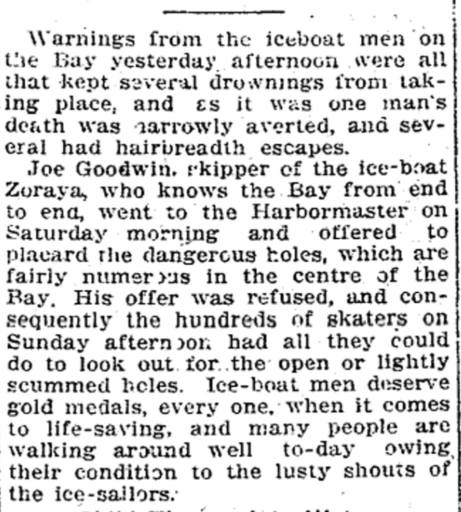 First ice boat mishap of the season Toronto Star, February 10, 1913